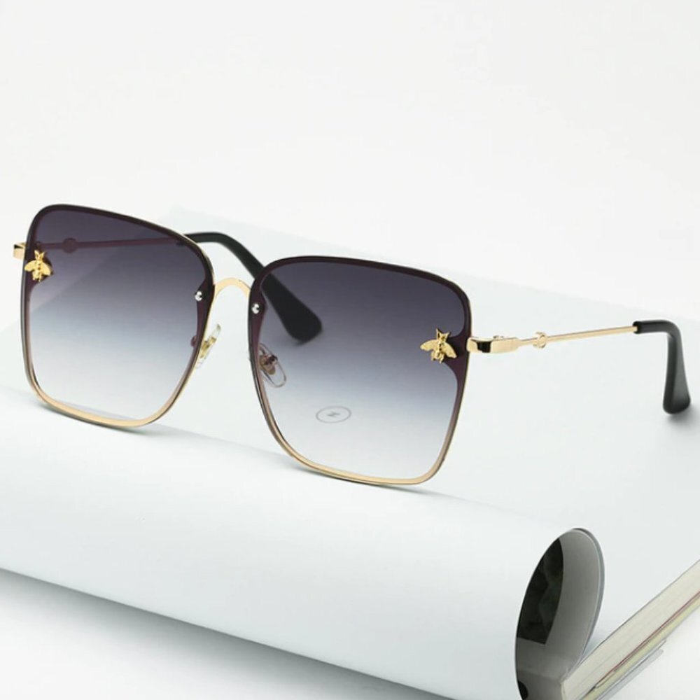 Retro Dark Grey Gold Ombre Oversized Square Rectangle Rimless Sunglasses - Picture 5 of 8